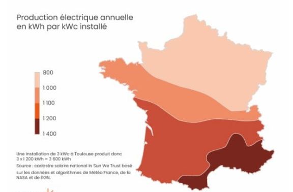 Image représentant le taux d'irradiation solaire dans les différents départements français